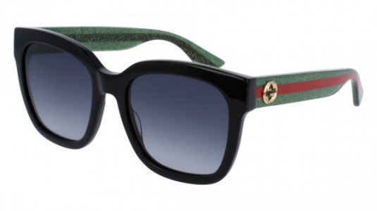 Gucci GG0034S Sunglasses, 002 - BLACK with GREEN temples and GREY lenses
