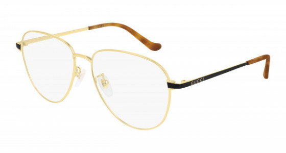 Gucci GG0577OA Eyeglasses, 001 - GOLD with BLACK temples and TRANSPARENT lenses