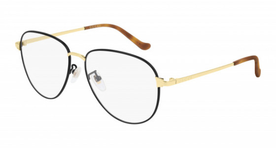 Gucci GG0577OA Eyeglasses, 002 - BLACK with GOLD temples and TRANSPARENT lenses