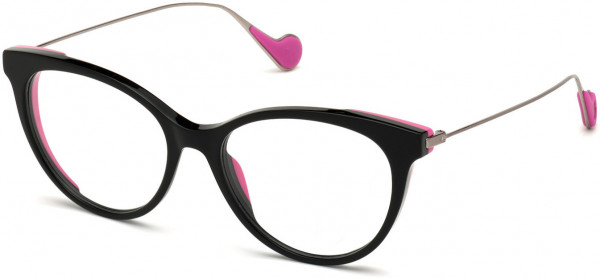 Moncler ML5071 Eyeglasses, 001 - Shiny Black W. Fuchsia Front, Light Ruthenium Temples, Fuchsia Tips