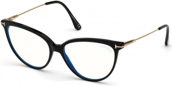 Tom Ford FT5688-B Eyeglasses, 001 - Shiny Black, Shiny Rose Gold / Blue Block Lenses
