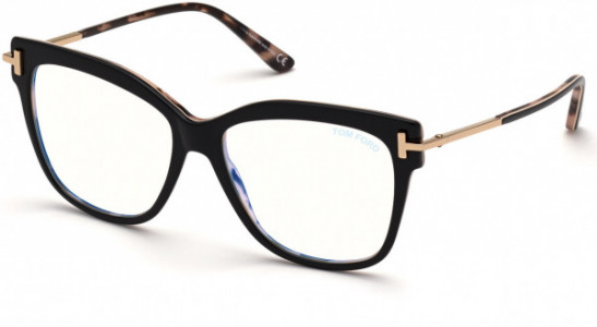 Tom Ford FT5704-B Eyeglasses, 005 - Black, Nude, & Vintage Pink Havana W. Rose Gold / Blue Block Lenses