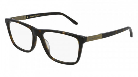 Alexander McQueen AM0323O Eyeglasses, 002 - HAVANA with GOLD temples and TRANSPARENT lenses