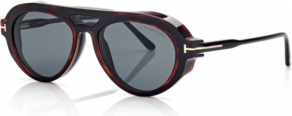 Tom Ford FT5760-B Eyeglasses, 001 - Shiny Black / Blue Block Lenses, Red Havana Clip W Dark Teal Lenses