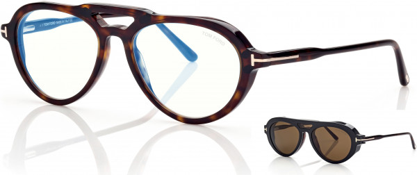 Tom Ford FT5760-B Eyeglasses, 052 - Classic Dark Havana / Blue Block Lenses, Black Clip With Roviex Lenses