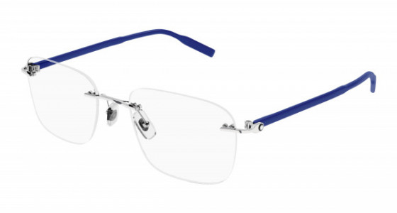 Montblanc MB0222O Eyeglasses, 004 - SILVER with BLUE temples and TRANSPARENT lenses