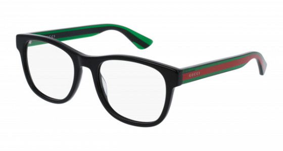 Gucci GG0004ON Eyeglasses, 002 - BLACK with GREEN temples and TRANSPARENT lenses