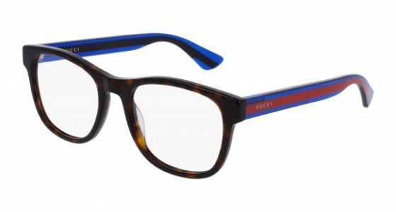 Gucci GG0004ON Eyeglasses, 003 - HAVANA with BLUE temples and TRANSPARENT lenses