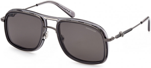 Moncler ML0223 Kontour Sunglasses, 01D - Tranparent Gray, Shiny Gunmetal / Smoke Polarized Lenses