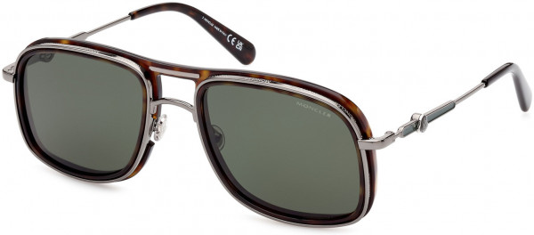 Moncler ML0223 Kontour Sunglasses, 52R - Classic Dark Havana, Shiny Dark Rhuthenium / Green Polarized Lenses