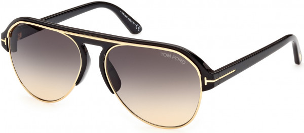 Tom Ford FT0929 Marshall Sunglasses, 01B - Shiny Black W. Yellow Gold Details / Gradient Smoke-To-Yellow Lenses