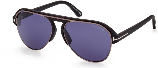 Tom Ford FT0929 Marshall Sunglasses, 02V - Matte Black W. Dark Ruthenium Details / Blue Lenses