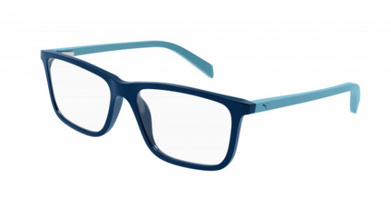 Puma PJ0066O Eyeglasses, 002 - BLUE with LIGHT-BLUE temples and TRANSPARENT lenses