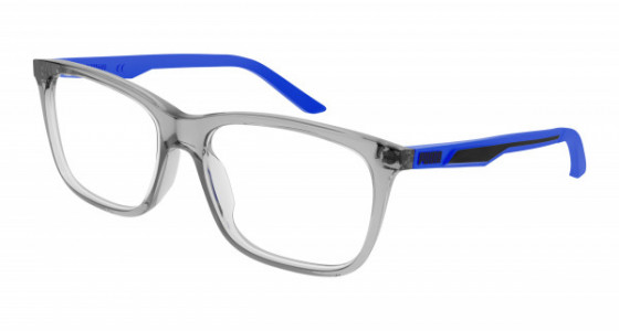 Puma PJ0064O Eyeglasses, 004 - GREY with BLUE temples and TRANSPARENT lenses