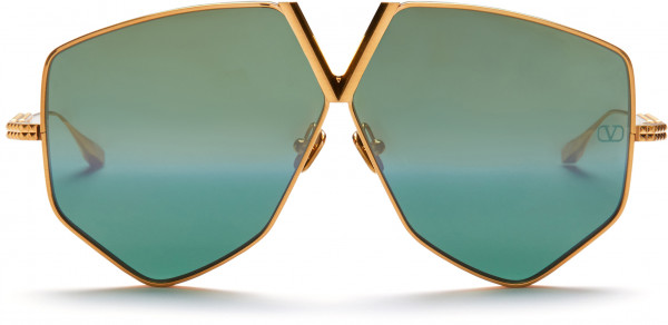 Valentino V - HEXAGON Sunglasses, Brushed Yellow Gold w/ Dark Green - Gold Flash Mirror - AR
